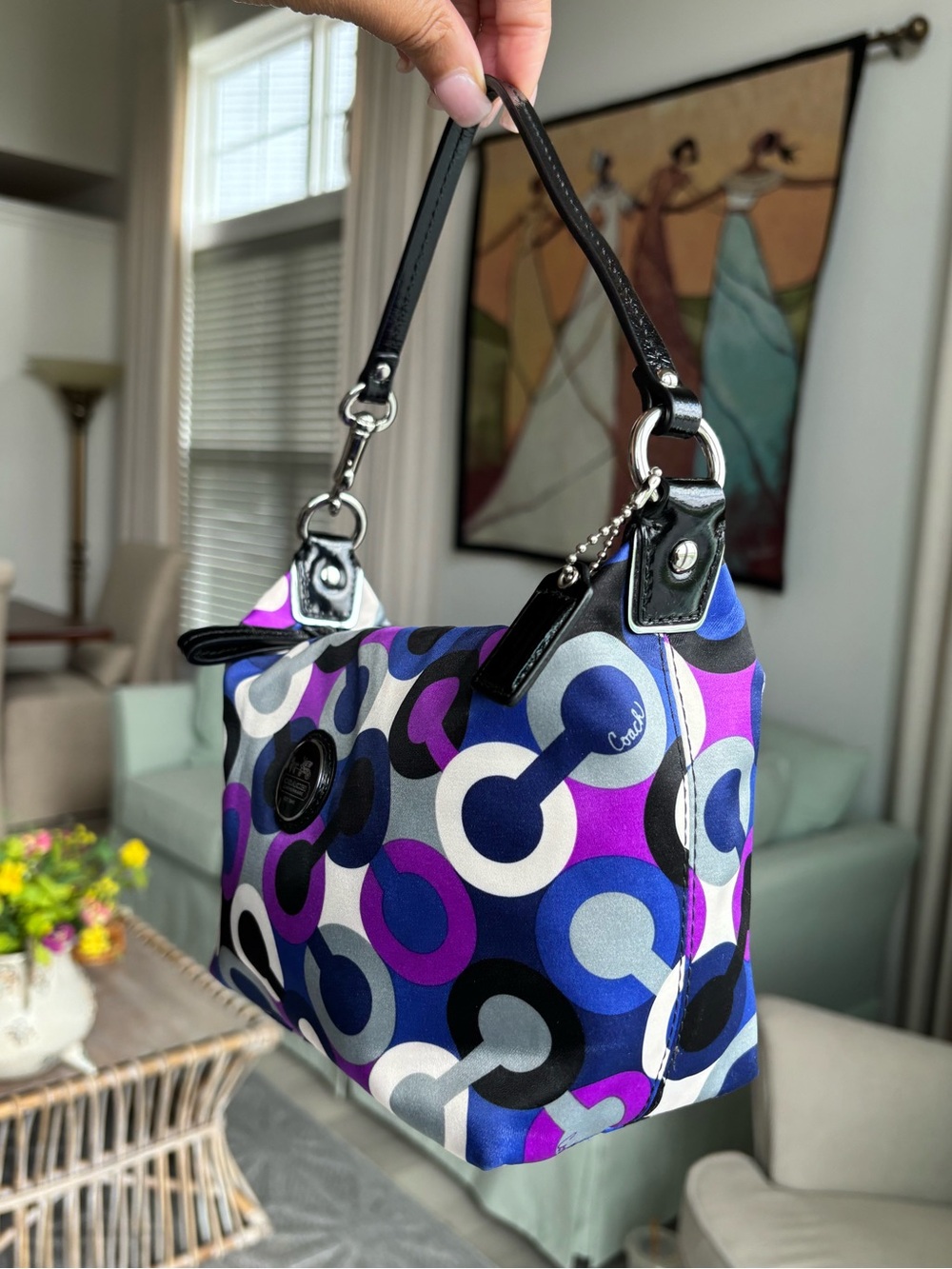 💙🖤💜COACH Alex Op Art Purple Multiprint Wristlet Mini Bag💜🖤💙 - Picture 11 of 13
